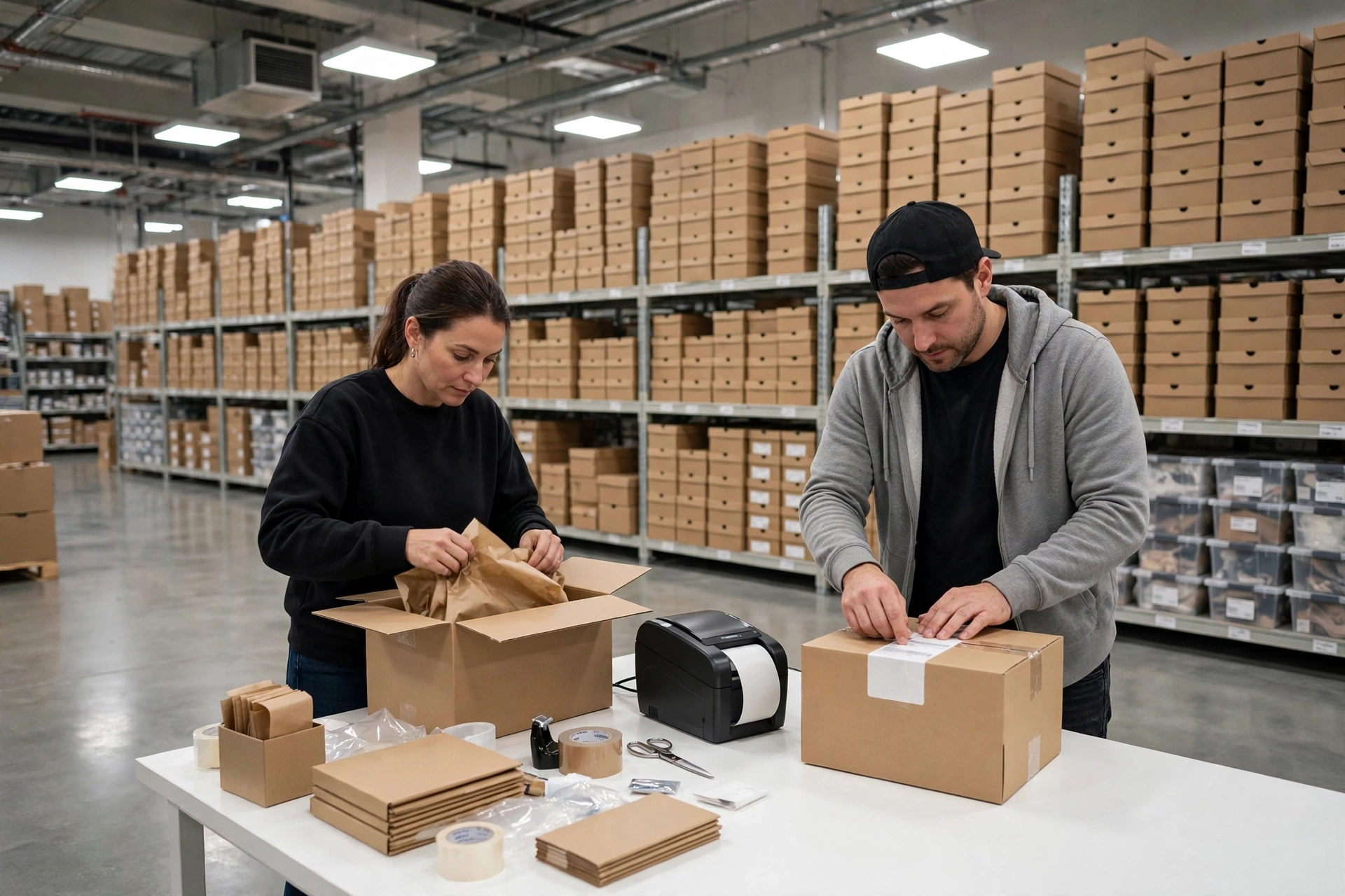 Team packing orders and applying shipping labels in a large, clean, modern warehouse